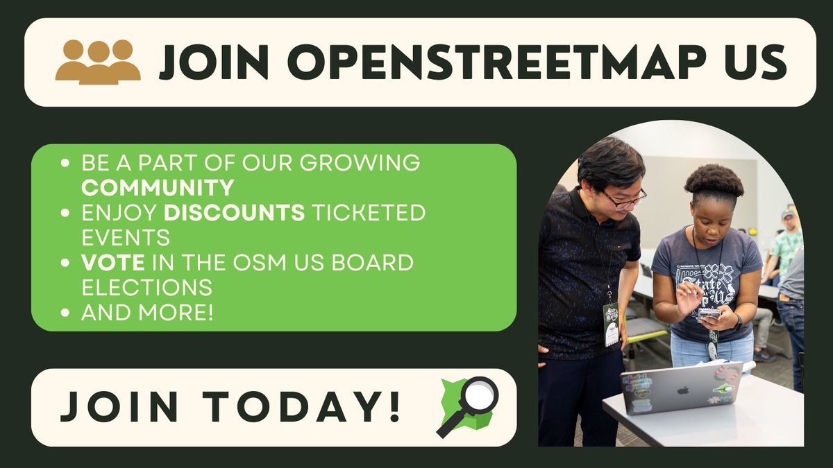 OpenStreetMapUS's tweet image. OSM US membership is a simple, yet meaningful way to support OpenStreetMap in the US. Are you a member? It&apos;s easy to join: buff.ly/3tRMqGw 

#OpenStreetMap #OSMUS #OpenStreetMapUS #opendata #geo