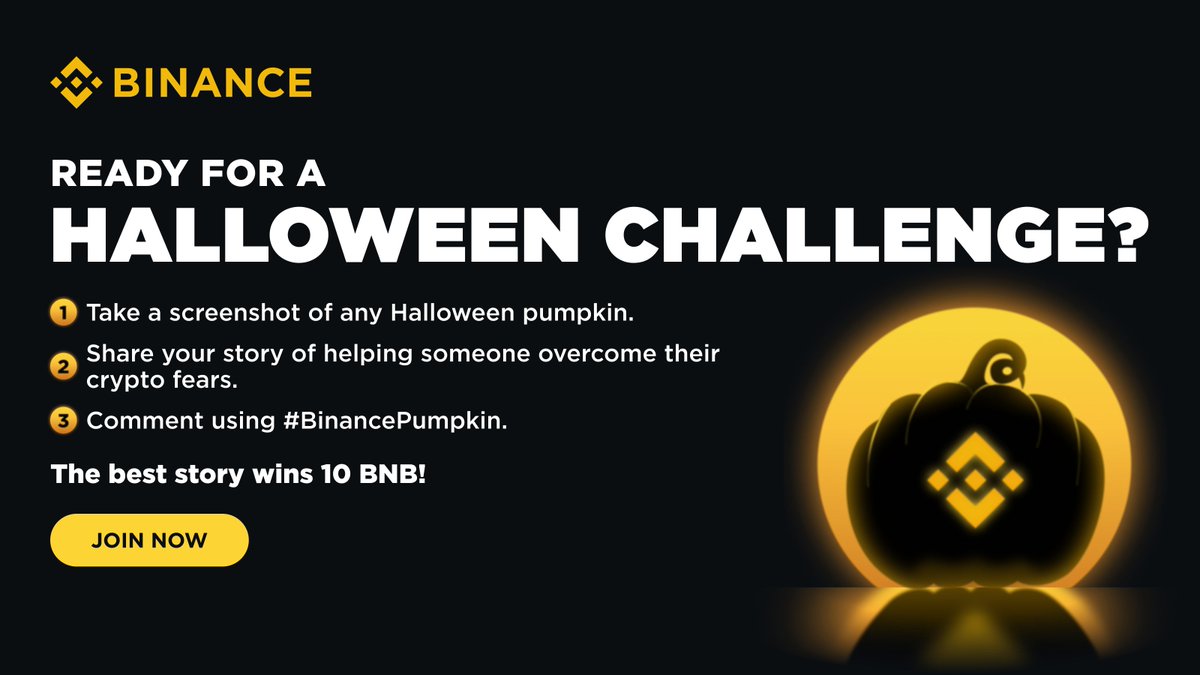 BinanceDesi's tweet photo. Ready for a Halloween challenge? 

1) Capture a screenshot of any Halloween Pumpkin on Binance
2) Make quote tweet with #BinancePumpkin, and
3) Tell us your inspiring crypto story for a chance to win 10 BNB! 

Let's start now ⤵️ https://t.co/CUcL3Jtgxs