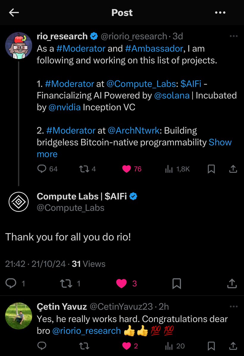 riorio_research's tweet photo. The recognition from @Compute_Labs #AIFI for my small contributions is truly inspiring.
It fuels my desire to continue contributing to the community.
#ComputeLabs #AIFi https://t.co/cMYy09QZZx