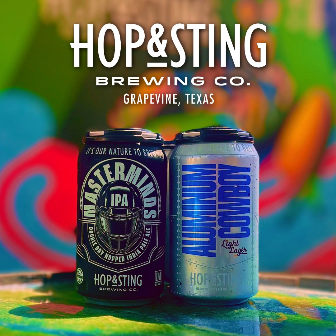 Game day just got better! Are you ready for some football? 🏈🍻

Get mixed 6-packs of Aluminum Cowboy Light Lager &amp; Masterminds IPA for $9.95 every Thurs, Sun, &amp; Mon during NFL season at Hop &amp; Sting! 🍺

Proceeds from Masterminds IPA support Alzheimer’s research 💜 @bigduke50