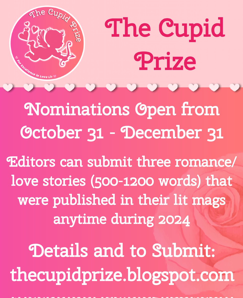 haikuistjournal's tweet photo. Nominations open in 10 days... πππ
#WritingCommunity #TheCupidPrize #MicromanceMagazine #romancewriters #romance #award #lovestories #amwriting #flashromance #flashfiction #love #kisses #cupid https://t.co/o4Kq1STJTI