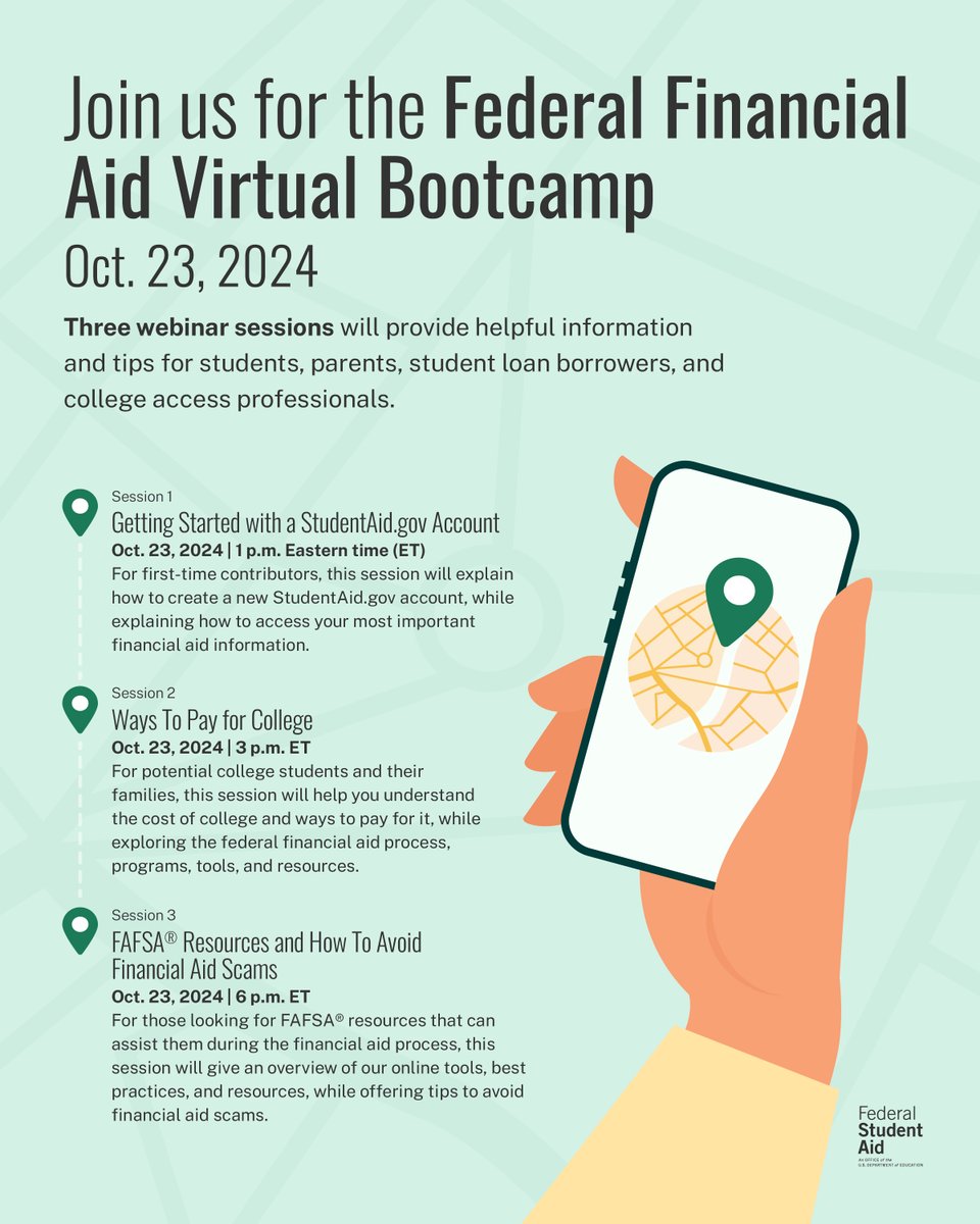 1️⃣2️⃣3️⃣ sessions to help answer your questions!  ​

Register today to join our Federal Financial Aid Virtual Bootcamp: forms.office.com/g/ZJmVBarb60