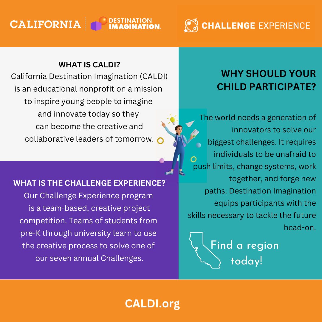 CALDIOrg's tweet image. The mission of California Destination Imagination is to empower California students to be curious learners, courageous innovators, and inspirational leaders.

Learn more at CALDI.org!

#Caldi #ChallengeExperience #SteamChallenge #TheCreativeProcess