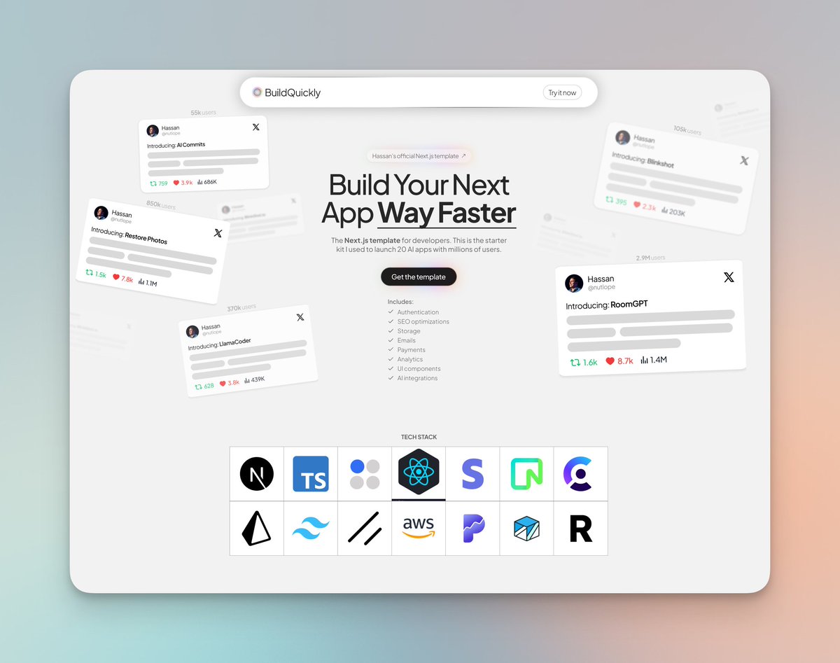 nutlope's tweet photo. Working on a free &amp; open source next.js starter kit!

The goal is to enable devs to build full-stack AI apps &amp; Saas apps as fast as possible https://t.co/8KW9l69Ulh