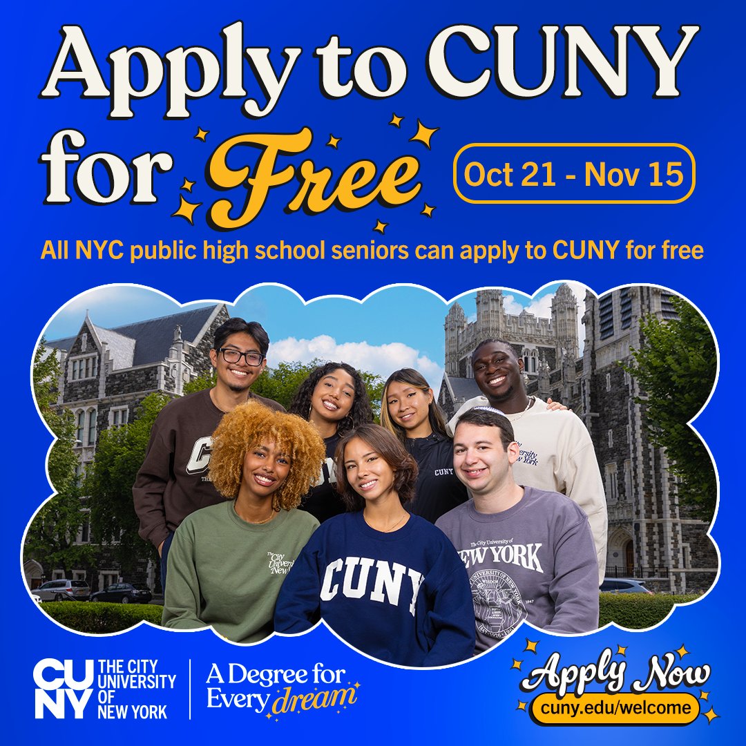 York College CUNY (@yorkcollegecuny) on Twitter photo 📢 We're waiving the $65 application fee for <a href="/NYCSchools/">NYC Public Schools</a> seniors who apply between October 21 and November 15 to attend a CUNY college in Fall 2025.
➡️ Apply now: ow.ly/XncA50TQ2jU 📢 We're waiving the $65 application fee for <a href="/NYCSchools/">NYC Public Schools</a> seniors who apply between October 21 and November 15 to attend a CUNY college in Fall 2025.
➡️ Apply now: ow.ly/XncA50TQ2jU