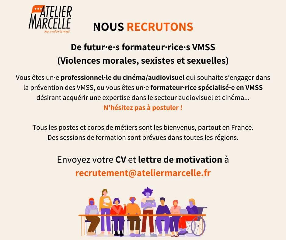 A titre exceptionnel très exceptionnel et dans l’idée de soutenir la démarche, nous vous relayons un appel à candidatures de "Formateur·rice·s VMSS (Violences morales, sexistes et sexuelles) Audiovisuel et Cinéma." 
Toutes les infos complémentaires ici : urls.fr/kxw_Q4