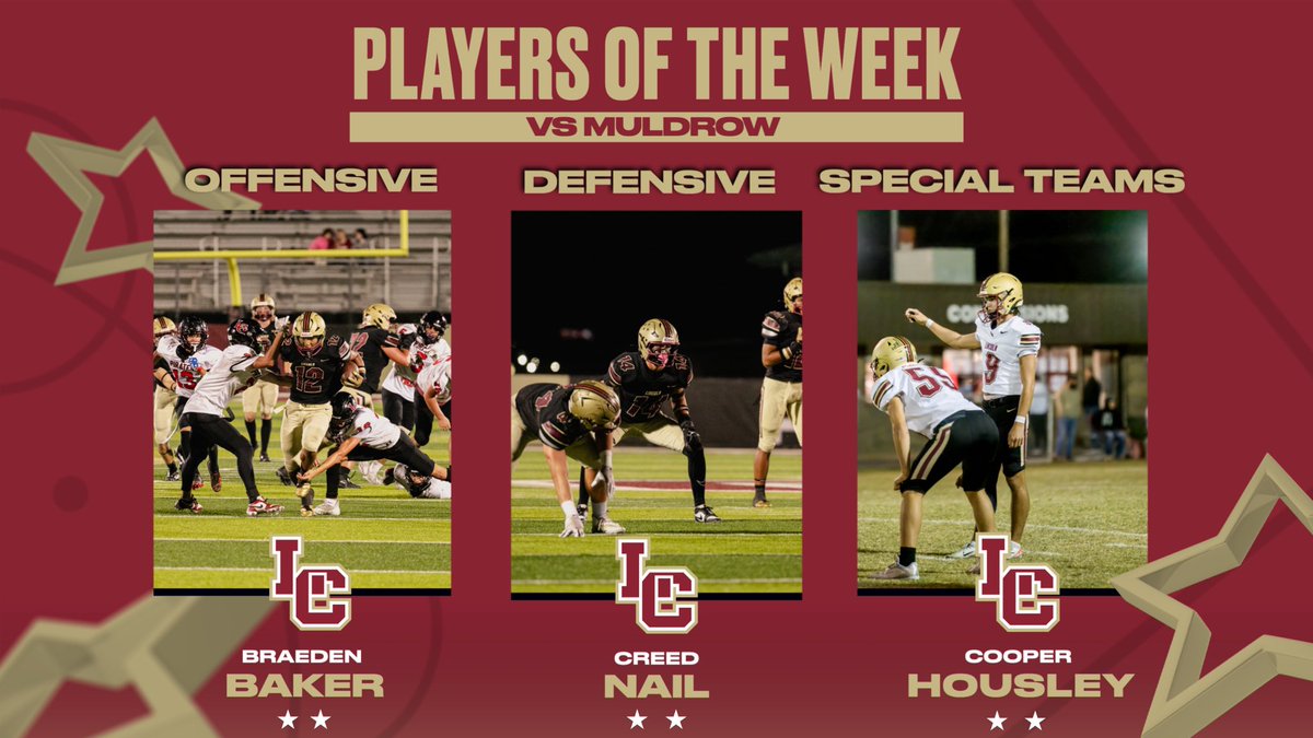 LCStulsa_FB's tweet image. Congratulations to our Players of the Week for the game against Muldrow! @CreedNail @BakerMaxEffort6 @CooperKicks