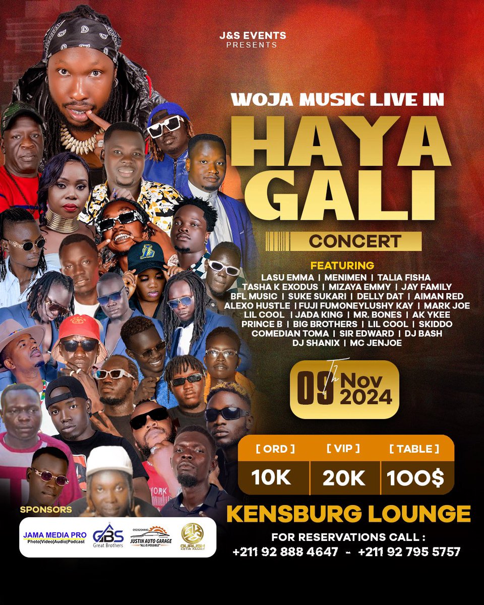DirWoja60635's tweet photo. On 9th November 2024, all roads in Juba will be leading to Kensburg Lounge a long national security road🛣  for the HAYA GALI CONCERT by myself featuring top artists like the Legendary Menimen, Legend Lasu Emma , Talia Fisha, and many other top talents in the country !! https://t.co/20yfWtGdmo