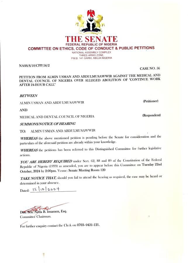 20hrs From now, <a href="/NGRSenate/">The Nigerian Senate</a> hearing on “ Abolishing continued work after 24hrs call” will hold. 

Our Advocacy has been in the good interest of our dear Nigerian doctors who work tirelessly to protect our health. Our call has been to our mother organization <a href="/MDCNOfficial/">Medical and Dental Council of Nigeria</a> appealing