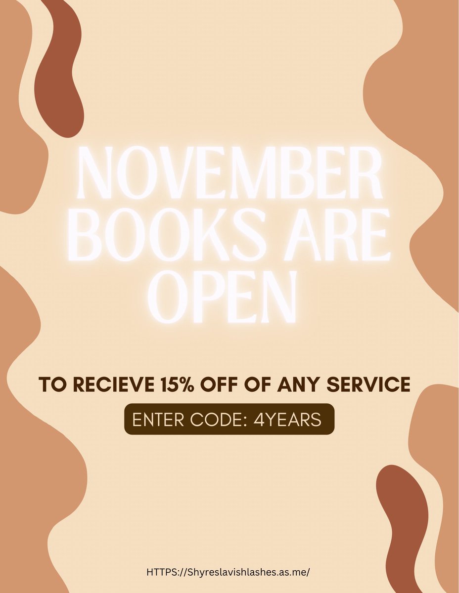 November books are now open! ✨

Secure your spot today by clicking the link below! ✨

Enter code “4years” to recieve 15% off any service! ✨

-S•L•L✨

Shyreslavishlashes.as.me