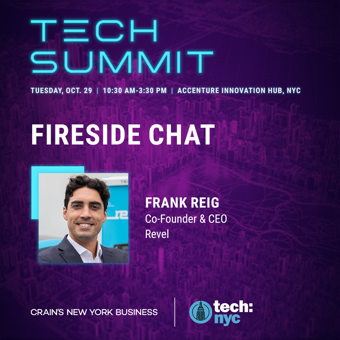 Revel (@_gorevel) on Twitter photo Join Revel's CEO <a href="/FrankReig/">Frank Reig</a> next Tuesday 10/29 at the <a href="/CrainsNewYork/">Crain's New York</a> Tech Summit for a fireside chat on how Revel is seizing the EV moment in NYC.
Secure your spot: web.cvent.com/event/9f0caa23… Join Revel's CEO <a href="/FrankReig/">Frank Reig</a> next Tuesday 10/29 at the <a href="/CrainsNewYork/">Crain's New York</a> Tech Summit for a fireside chat on how Revel is seizing the EV moment in NYC.
Secure your spot: web.cvent.com/event/9f0caa23…