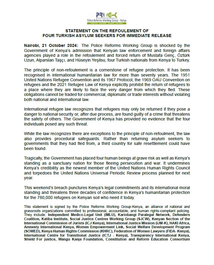 JOINT STATEMENT: We are shocked by the Government of Kenya’s admission that Kenyan law enforcement and foreign affairs agencies played a role in the refoulement and forced return of Mustafa Genç, Öztürk Uzun, Alparslan Taşçı, and Hüseyin Yeşilsu, four Turkish nationals from Kenya