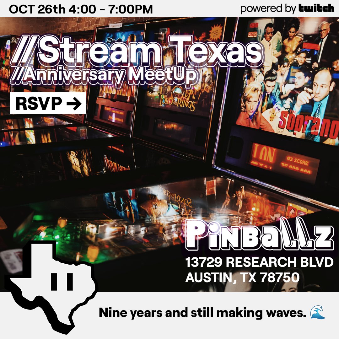 Stream Texas (@twitchtexas) on Twitter photo The Stream Texas 9th anniversary meetup is almost here ! We can't wait to see everyone at <a href="/Pinballz_LC/">Pinballz Lake Creek</a> from 4-7pm on 10/26!
Pease make sure you & your +1s RSVP for the event, it is needed for participating in the fun we have planned!!
See y'all there!
tinyurl.com/2982hn9f The Stream Texas 9th anniversary meetup is almost here ! We can't wait to see everyone at <a href="/Pinballz_LC/">Pinballz Lake Creek</a> from 4-7pm on 10/26!
Pease make sure you & your +1s RSVP for the event, it is needed for participating in the fun we have planned!!
See y'all there!
tinyurl.com/2982hn9f