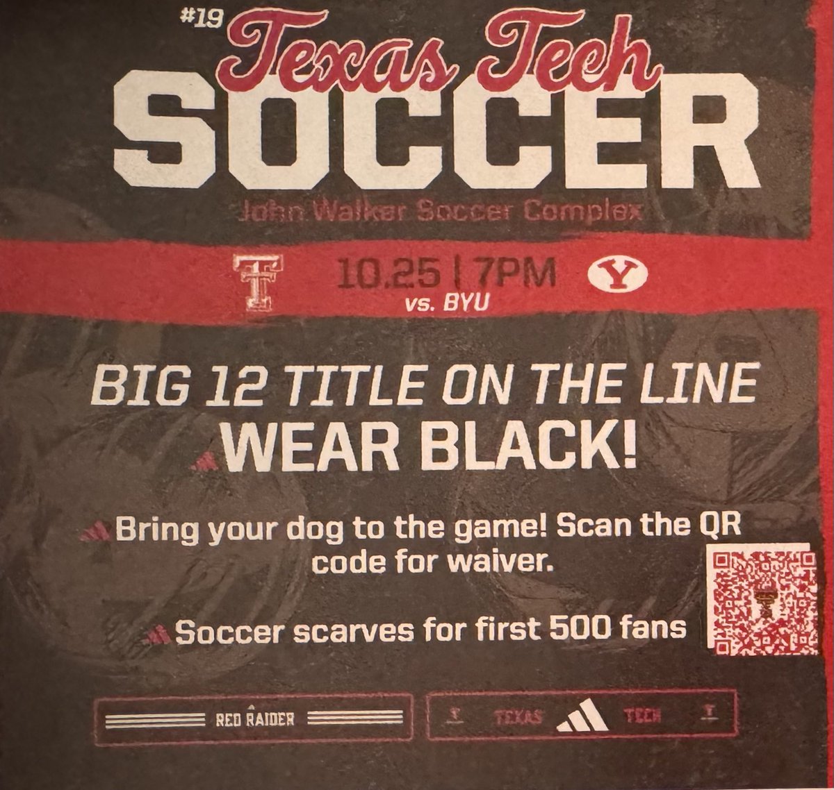 redraidertyler's tweet photo. 🏆 Big 12 Title up for grabs
🧣Soccer Scarves for first 500 fans
⚫️ Blackout Game
🦮 Pups at the Pitch
That’s a lot to miss out on, so plan your weekend in the 806: Go to the ⚽️ match Friday, attend a 🏈 watch party Saturday, & head home Sunday!
#WreckEm | #PackTheWalker https://t.co/P8JKrgcbVh
