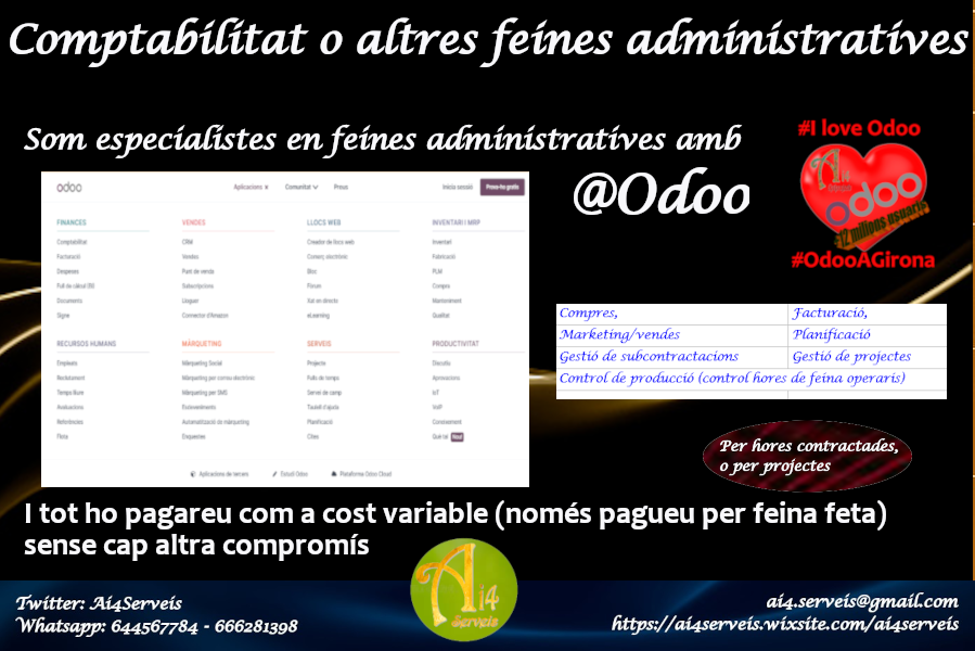 Ai4Serveis's tweet photo. Perquè fa temps estem convençuts de que el futur de les feines comptables i administratives en general passen per la #inteligenciaarificial vàrem crear #OdooAGirona
#SolucionsAi4 #CompromisDeServei https://t.co/azLspOVu5A