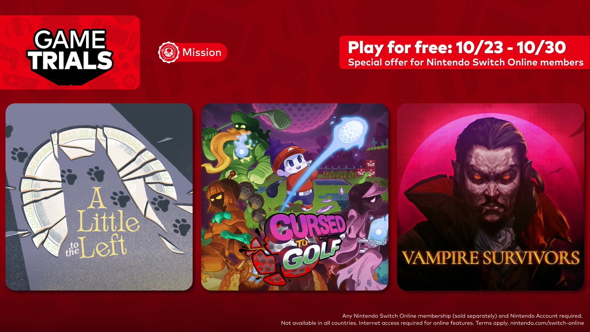 NintendoAmerica's tweet photo. #NintendoSwitchOnline members! From 10/23 at 10am PT to 10/30 at 11:59pm PT, you can download and try the full A Little to the Left, Cursed to Golf, and Vampire Survivors games at no additional cost.

Learn more: https://t.co/lWqKhM35mw https://t.co/TXMPHu9Ha1