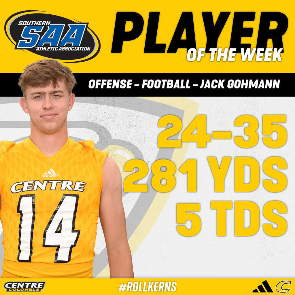 🏈 | For the second time this year, Jack Gohmann of <a href="/CentreFootball/">Centre College Football</a> has been named SAA Offensive Player of the Week! #RollKerns #PEV centrecolonels.com/news/2024/10/2…