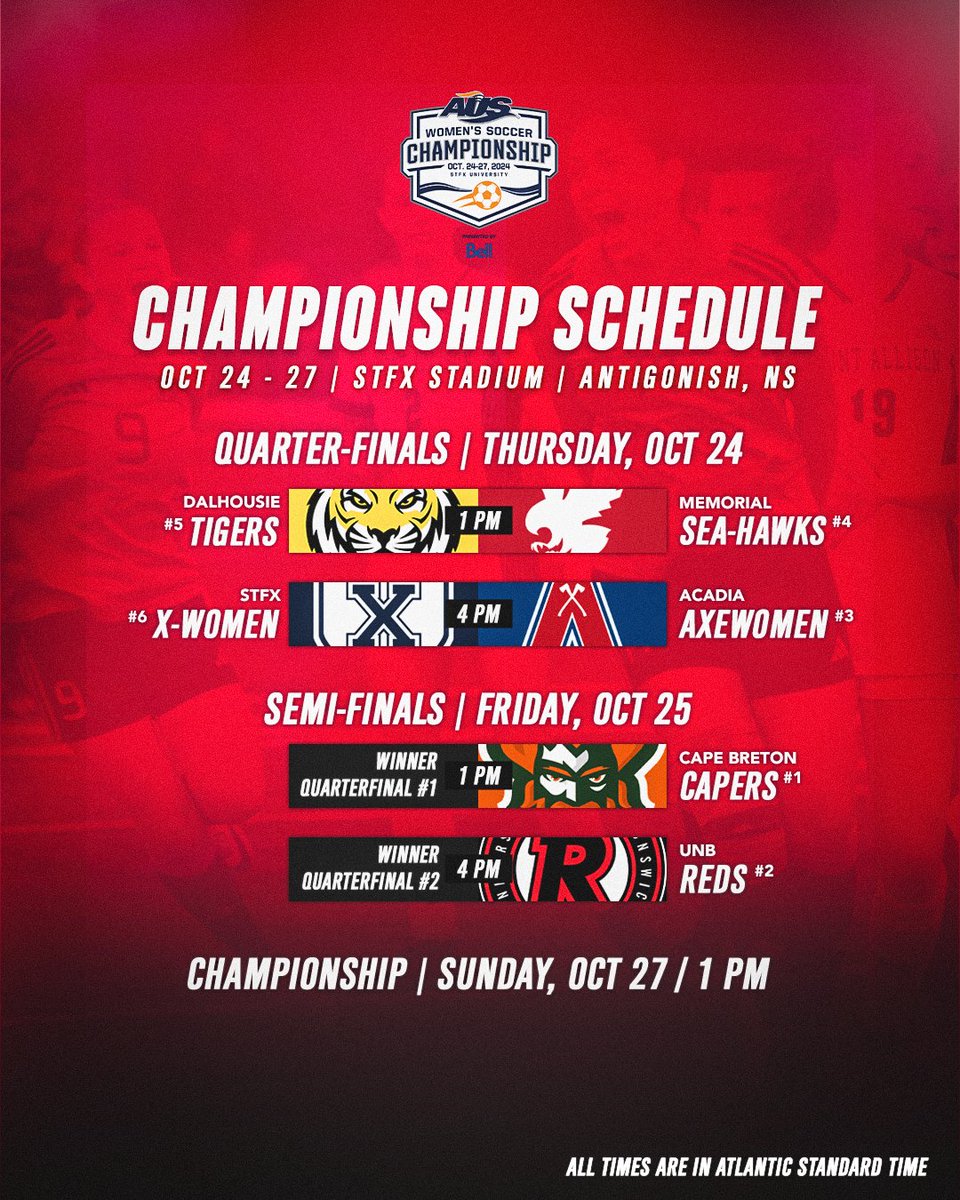 The stage is set for the 2024 <a href="/AUS_SUA/">Atlantic University Sport</a> Women’s Soccer Championship!

🗓️ October 24-27
📍 STFX Stadium | Antigonish, NS
🎟️ Tournament and daily passes available!
💻 Watch live at austv.ca

Details: bit.ly/3NDuFRO

#goredsgo