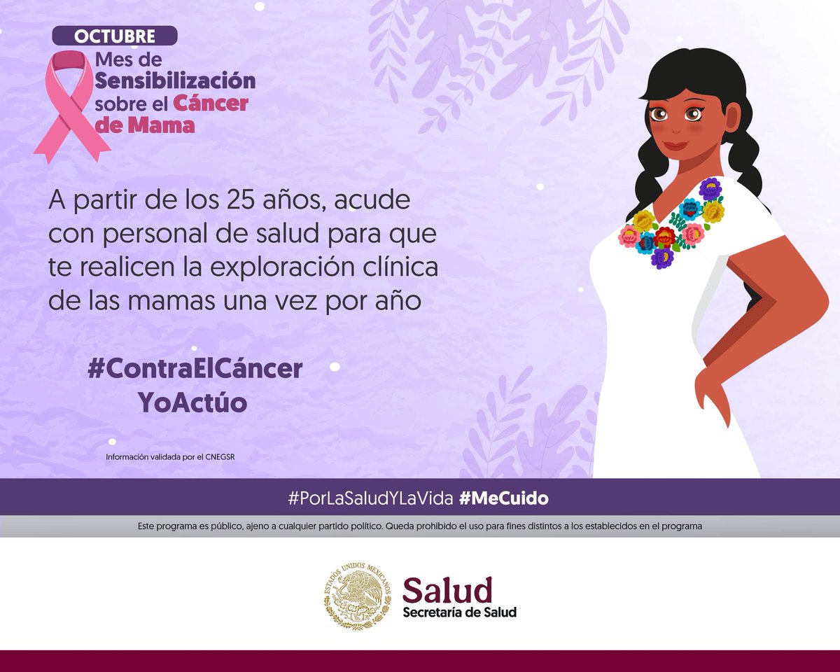 SSaludGro's tweet image. Octubre I Mes de la Sensibilización sobre el #CáncerDeMama 🩺

Si cumpliste 25 años, no dejes de acudir a una exploración clínica anual de tus mamas. 

#Observo  #Toco  #Siento  👁️✋👐

#ContraElCáncerDeMamaYoActúo #PorLaSaludYLaVida #MeCuido