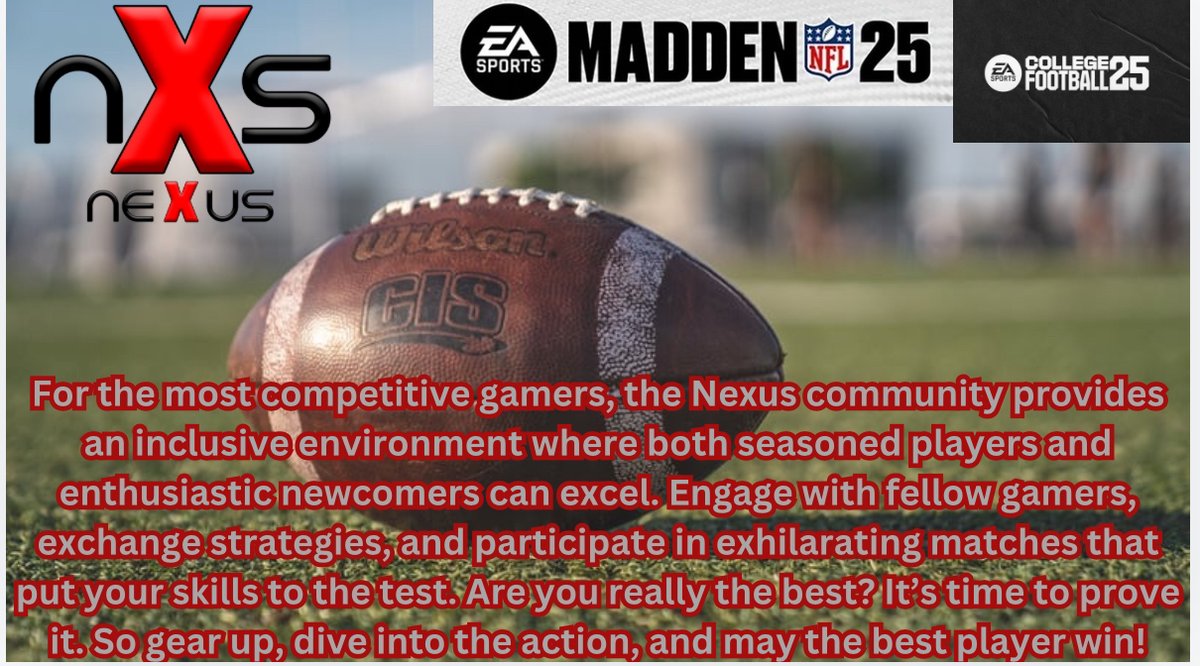 Next Phase of our adventure starts today. We are going to be working on building up our Madden and NCAA side of NeXus. NCAA league is posted in our Discord. Madden events will be coming soon. Join the discord to get signed up. More events to follow. 

discord.gg/tp6gz8enyS