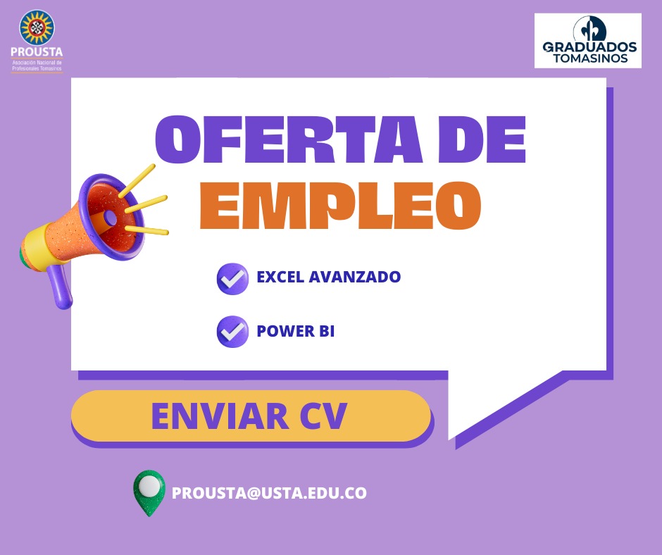 ProustaColombia's tweet photo. ¡Te estamos buscando! Si tienes conocimientos en Excel Avanzado y Power BI, envíanos tu CV al correo prousta@usta.edu.co https://t.co/5pqwfLE5ZC