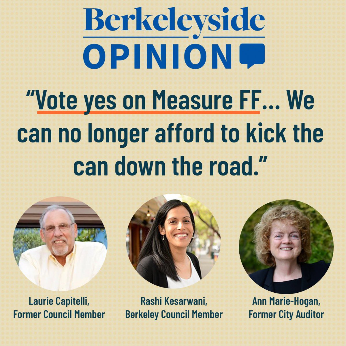 🚨New Op Ed🚨 “Measure FF will make the streets safer,” write current and former elected officials. “These improvements will save lives and prevent serious injuries.” Read why every Berkeley voter should vote Yes on FF 👉 berkeleyside.org/2024/10/20/opi…