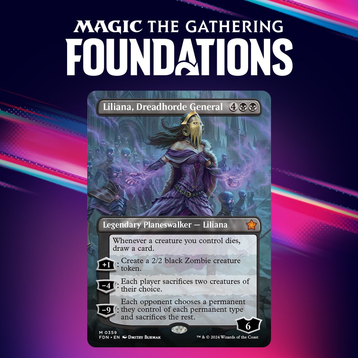 <a href="/MTG_Arena/">MTG Arena</a> Your last early #MTGFoundations preview is Liliana at the front of her lazotep fueled Zombie army! Powerful abilities and imposing new art featuring The Chain Veil in full effect.

As always, your friend during preview season is the Card Image Gallery: spr.ly/6014ql3RK