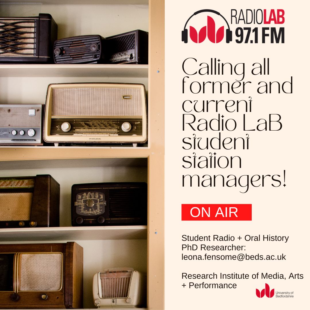 📻 FORMER &amp; CURRENT STUDENT STATION MANAGERS 📻

My PhD research explores the development of student radio, from the 90s + I’m inviting people to participate in life story, oral history interviews of their experiences.

Pls contact me if this is you! <a href="/uniofbeds/">uniofbeds</a> <a href="/RadioLaB971fm/">Radio LaB 97.1fm</a>