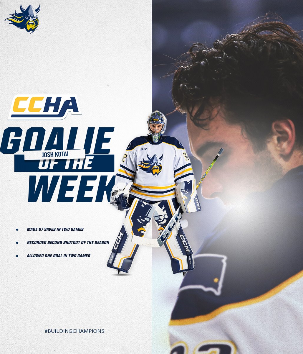 Josh Kotai becomes the first player in program history to earn a CCHA weekly award ‼️

Full Story ➡️ bit.ly/48iosEp

#WeHoldThePen ⚔️ #BuildingChampions