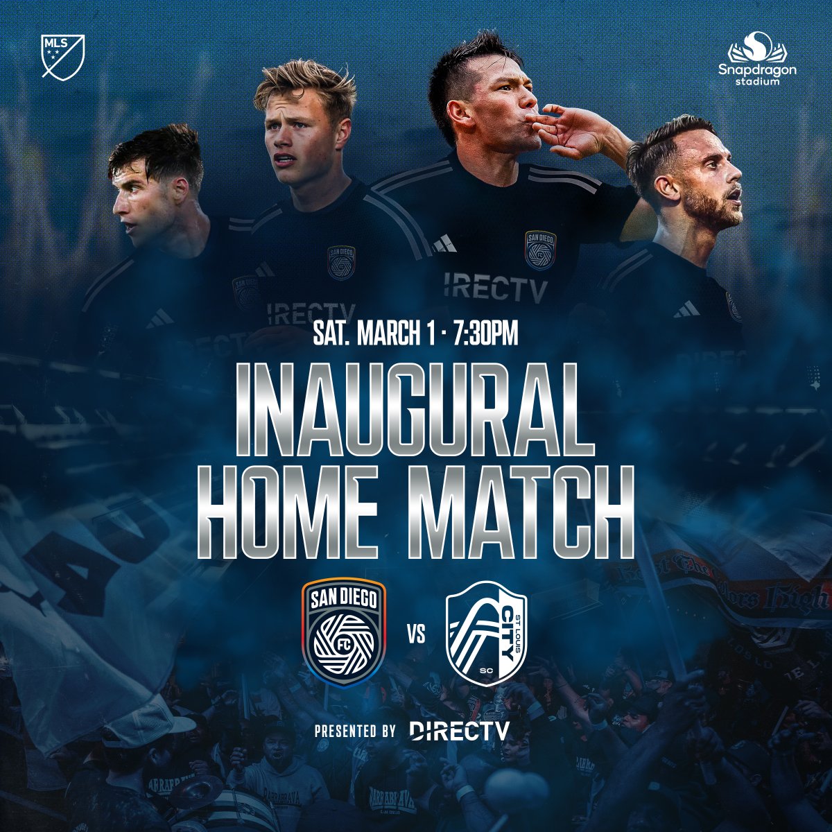 sandiegofc's tweet photo. 𝙎𝙖𝙣 𝘿𝙞𝙚𝙜𝙤, 𝙞𝙩'𝙨 𝙊𝙐𝙍 𝙩𝙞𝙢𝙚.

We will start our 2025 @MLS Inaugural Season on the road vs. @LAGalaxy opening weekend Feb. 22/23.

On Saturday, March 1 at 7:30 PM we host @stlCITYsc for our first-ever home match at @SnapdragonStdm presented by @DIRECTV.

#FlowWithUs
