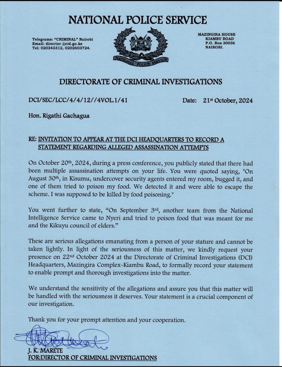 Impeached Deputy President Rigathi Gachagua has been summoned by DCI to appear tomorrow Tuesday, October 22, 2024 regarding his claims of two poisoning attempts (Kisumu and Nyeri) against him as claimed in his Sunday presser.