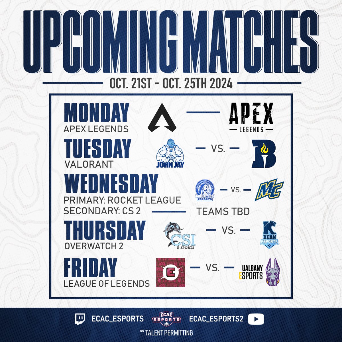 Week 5 is here, and it's packed with exciting matchups! 🚨 

Here’s the lineup ⬇️

Monday: Apex Legends
Tuesday: VALORANT- <a href="/jjayesports/">John Jay E-Sports</a>🆚<a href="/BushnellEsports/">Bushnell Esports</a> 
Wednesday: Rocket League- <a href="/mountiesgg/">Mount Aloysius Esports</a>🆚<a href="/MCWesports/">Merrimack Warriors Esports</a>
Wednesday: CS2- TBD
Thursday: Overwatch 2- <a href="/CSIEsports/">CSIEsports</a>🆚<a href="/Kean_Esports/">Kean University Esports</a>