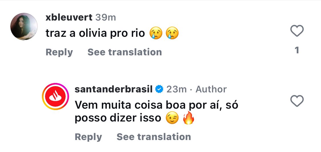oliviarodrbr's tweet photo. MEU DEUS! 

Comentário do banco Santander via Instagram, será que vem aí? https://t.co/F9Qmi77yde