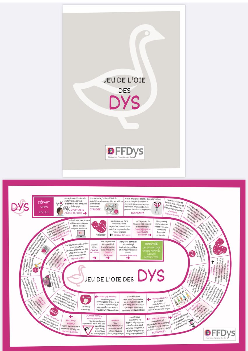 Découvrir les troubles dys à travers un jeu! 
Des cases représentent un obstacle ou une difficulté , d’autres les aides , led solutions pour avancer …
ffdys.com/actualites/un-…