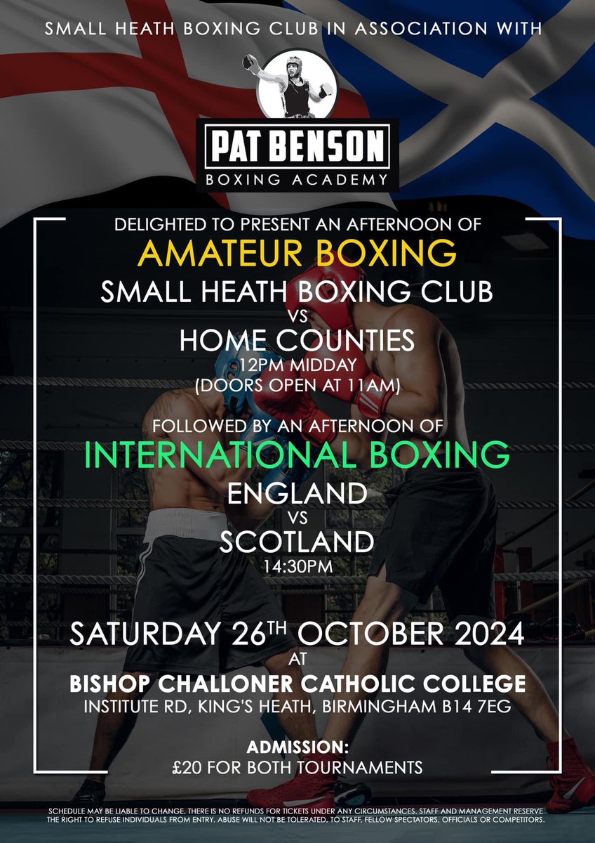 Small Heath Boxing Club is proud to present a double header this Saturday 26th October.

The Small Heath team will take on Home Counties Region in the early afternoon followed by a full International match with England vs Scotland.

See image below for full details.🥊🏴󠁧󠁢󠁥󠁮󠁧󠁿