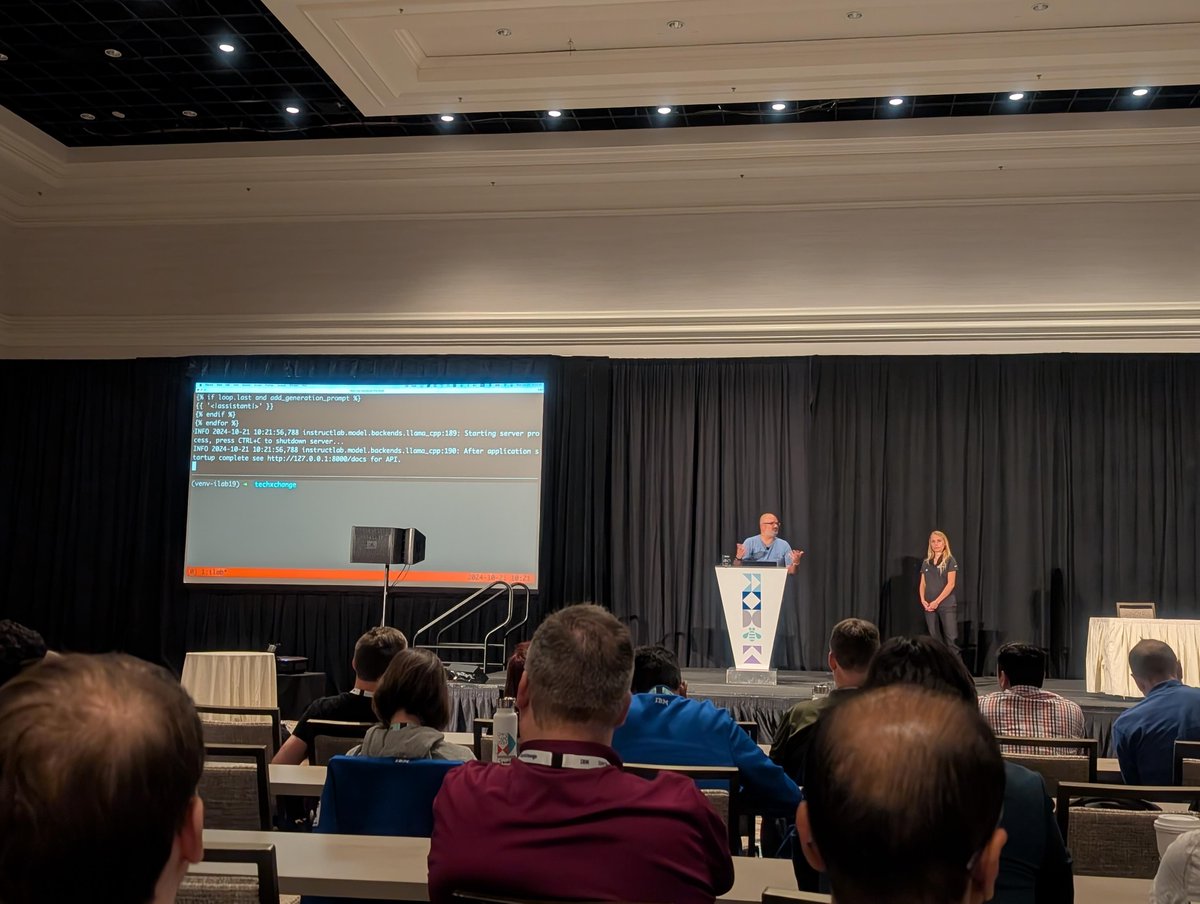 InstructLab's tweet image. Great demo by @jjasghar and Julia! If you are at IBM #TechXchange, you can learn more about this #OpenSource tool plus Granite models in our workshops today (Oct 21), as well as in the #InstructLab demo area in the Sandbox expo hall Tuesday - Thursday (Oct 22-24)!