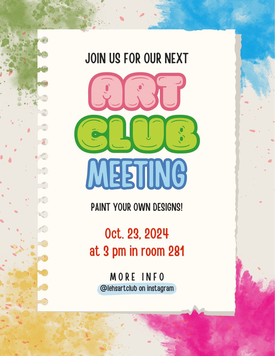 Instead of pumpkin carving, this Wednesday we will be doing artist’s choice paint that was cancelled a few weeks ago! See you all there!