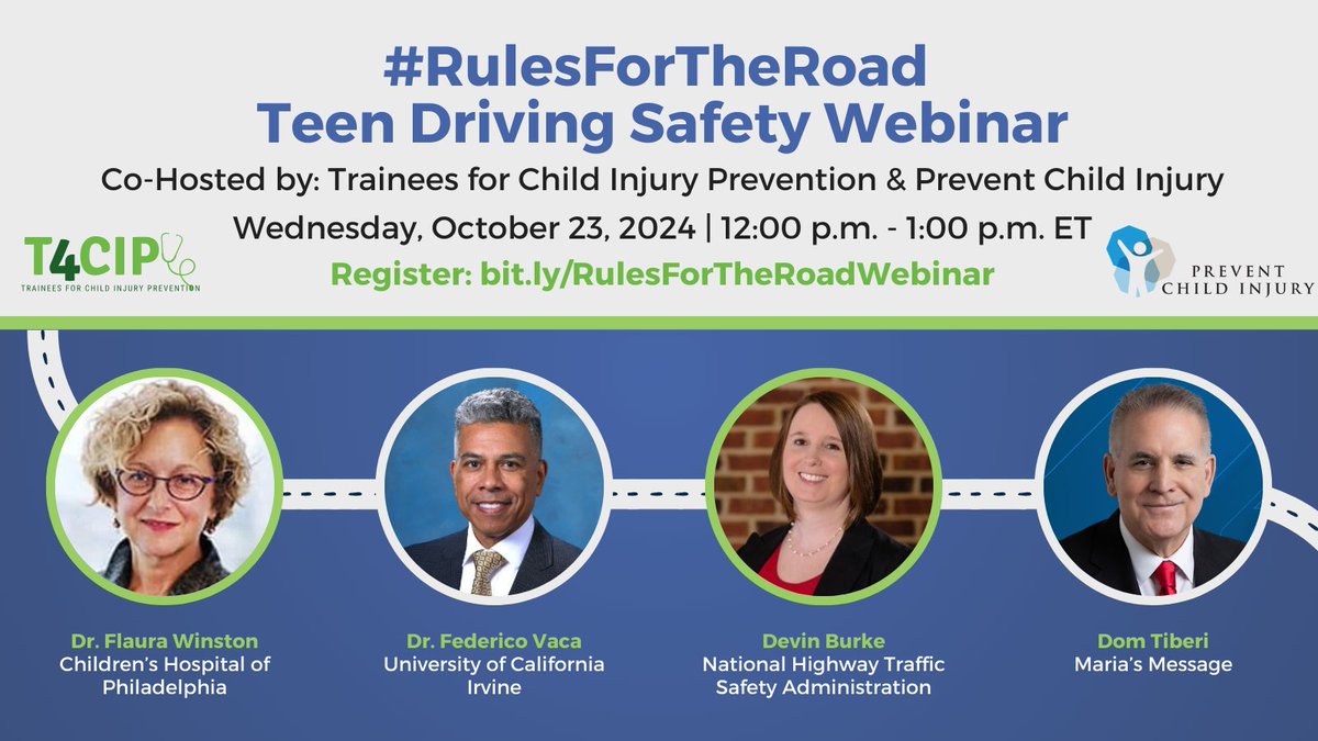 T4CIP_'s tweet photo. Join T4CIP for a #RulesForTheRoad webinar✨this Wednesday at noon ET✨co-hosted by @PreventChildInj  Register for the webinar at https://t.co/1gbN9G9iSa… @CIRPatCHOP
@UCIrvine @NHTSAgov https://t.co/8kwz6OiErd