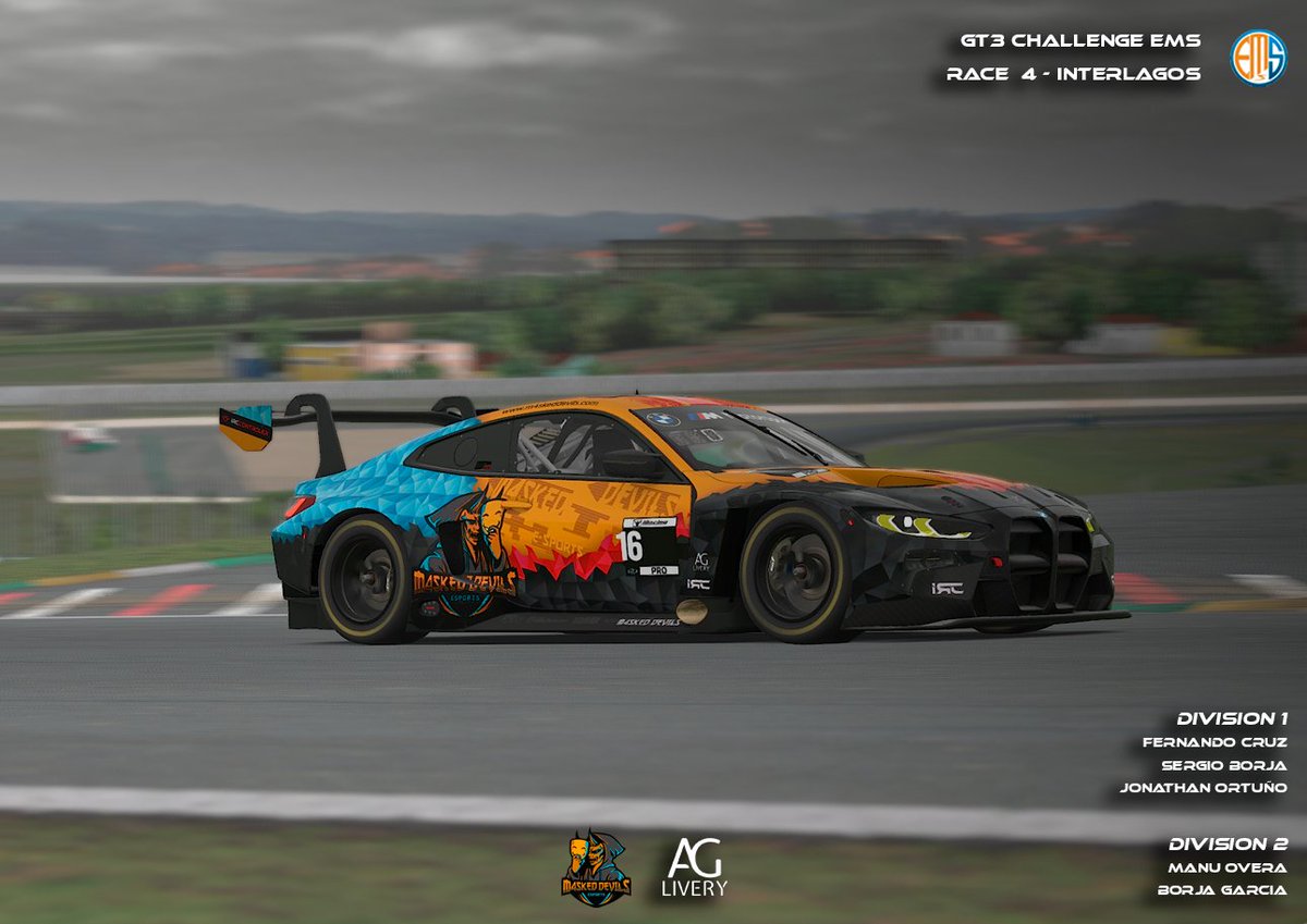 M4sked Devils eSports (@m4sked_devils) on Twitter photo Race 4⃣ del #EMSChallengeGT3 <a href="/EMS_iRacing/">European Master Series</a> en el circuito 🇧🇷 Interlagos
Division 2⃣
⏰ 21:00
👤 <a href="/manu_overa/">Manu Overa</a>
👤 <a href="/GartxiGR7/">Borja Garcia</a>
Division 1⃣
⏰ 22:30
👤 <a href="/fer3c_14/">Fernandø</a>
👤 <a href="/Hi_im_Borja/">3-xy</a>
👤 <a href="/jcmoracing/">点我头像-主页有微</a>
📺 twitch.tv/ems_iracing
#GoDevils 😈 Race 4⃣ del #EMSChallengeGT3 <a href="/EMS_iRacing/">European Master Series</a> en el circuito 🇧🇷 Interlagos
Division 2⃣
⏰ 21:00
👤 <a href="/manu_overa/">Manu Overa</a>
👤 <a href="/GartxiGR7/">Borja Garcia</a>
Division 1⃣
⏰ 22:30
👤 <a href="/fer3c_14/">Fernandø</a>
👤 <a href="/Hi_im_Borja/">3-xy</a>
👤 <a href="/jcmoracing/">点我头像-主页有微</a>
📺 twitch.tv/ems_iracing
#GoDevils 😈