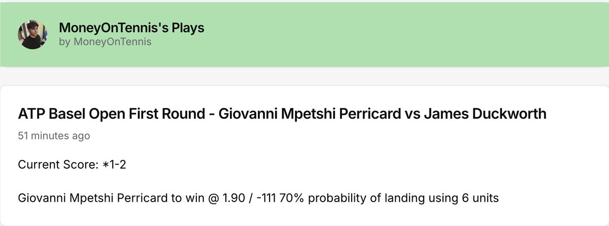 Money_On_Tennis's tweet photo. ✅ Giovanni Mpetshi obliterates James Duckworth

+5.40u profit

Cash that! 🫰🫰🫰🤑🤑🤑

#GamblingX | #GamblingTwitter | #TennisPicks | #TennisBets | #TennisBetting | #BettingPicks | #SportsBetting | 

#BaselOpen | #ATPBasel |  #ATP500 https://t.co/MV3ScLrKUe