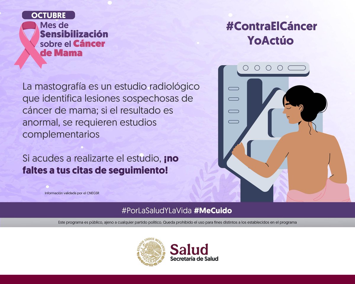 SSaludGro's tweet image. Octubre I Mes de la Sensibilización sobre el #CáncerDeMama 🩺

Recuerda que a partir de los 40 años debes realizarte la mastografía

¡Acude a una Unidad Médica!🏥

Infórmate en ➡️ bit.ly/3RoRx77

#Observo  #Toco  #Siento  👁️✋👐

#ContraElCáncerDeMamaYoActúo