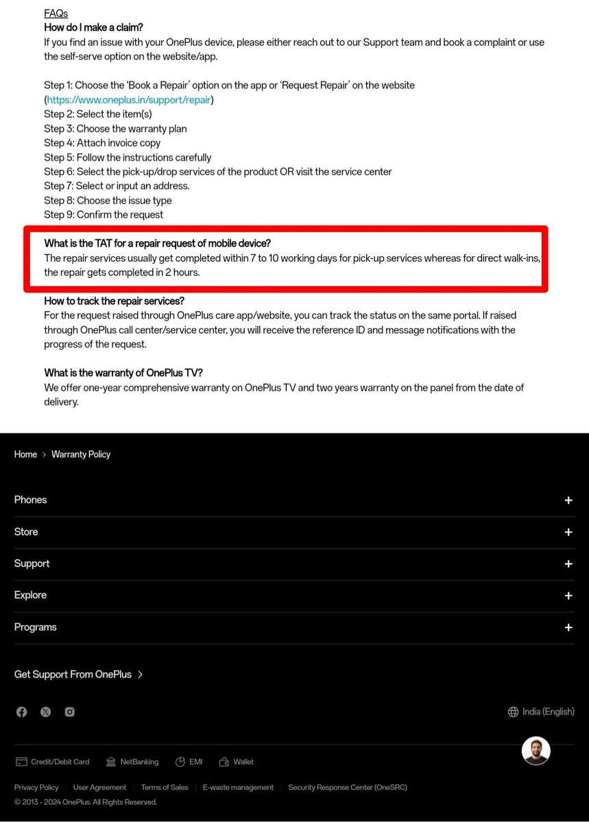 DeogadeSahil's tweet photo. @OnePlus_IN @amazonIN Your website clearly states a TAT of 7-10 days for repair/replacement, but it's been over 12 days and I’m still being asked to wait longer. I demand a full refund! If my refund is not processed promptly, I will have no choice but to explore legal options!! https://t.co/ZOtlpc6nVw