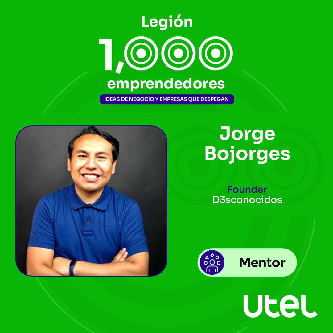 jbojorgesL's tweet photo. Estoy muy emocionado que los próximos sábados estaré participando como mentor con un equipo de la #Legion1000Emprendedores una iniciativa de @Utel_ , muy agradecido con @EmelynRobot  por la consideración e invitación. https://t.co/XYkxvJBBkv