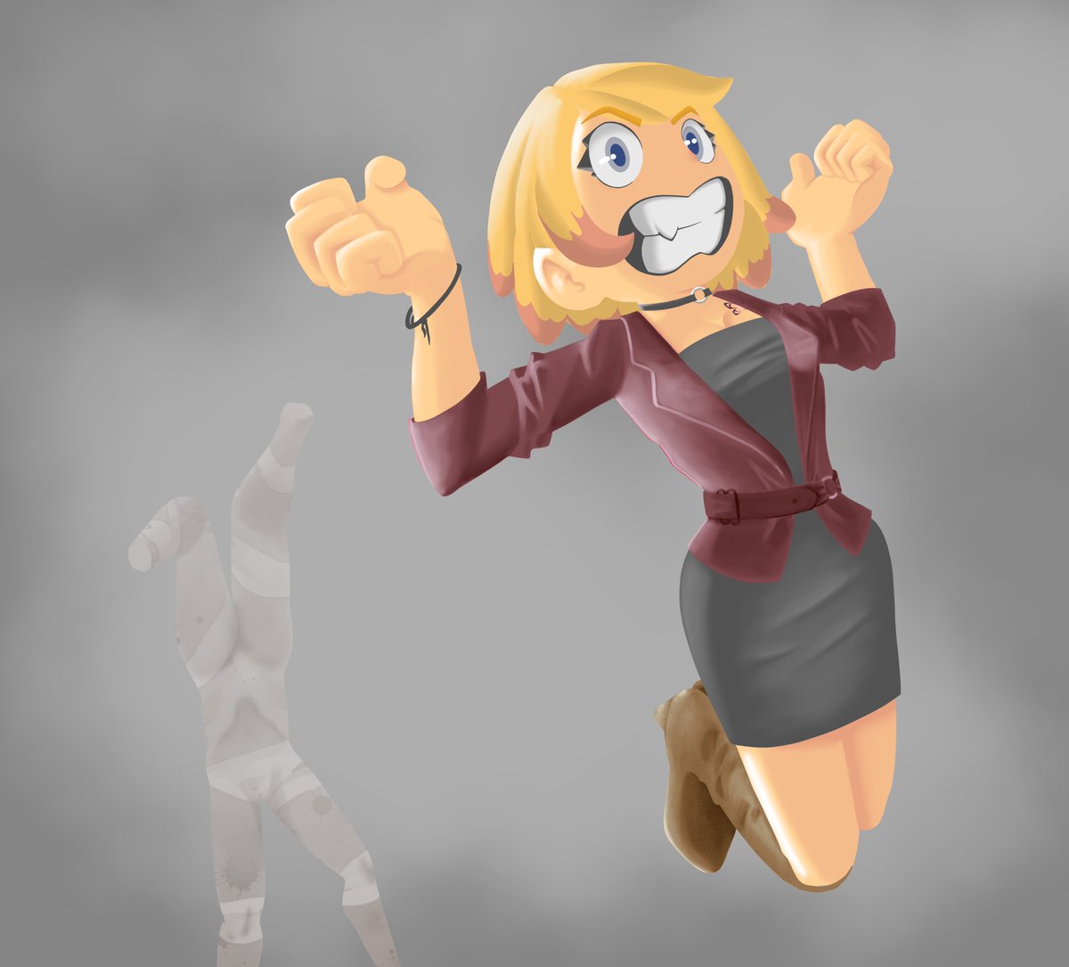 Sotadraw's tweet photo. I beat my first run of #SilentHill2Remake and wanted to draw our favourite tormentor Maria being harassed by the classic mannequin enemy. Enjoyed drawing this lineless style, kind of feels like it makes it pop! Let me know what you think! #silenthill2 #sh2Maria #digitalart https://t.co/PkSIDGyhL9