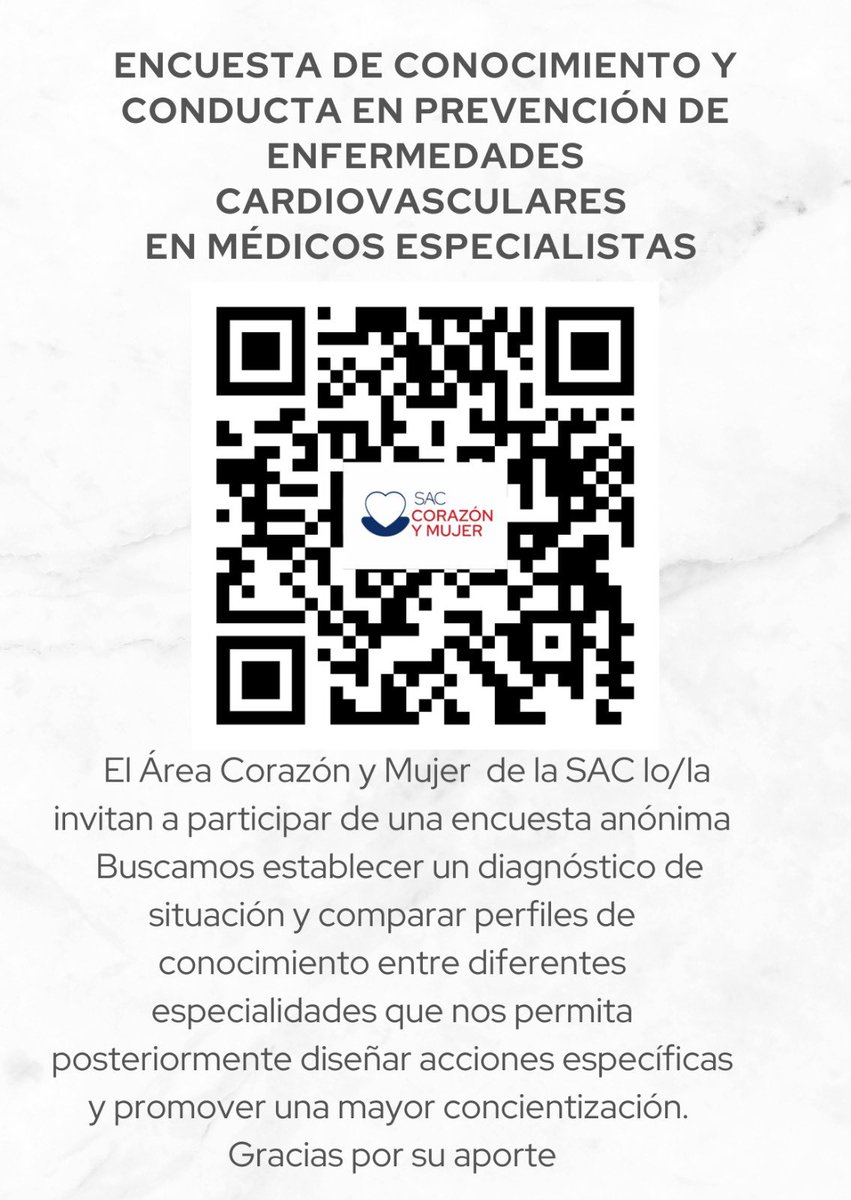 La <a href="/SAC_54/">Sociedad Argentina de Cardiología</a> a través del Área <a href="/CorazonyMujer/">Corazón y Mujer Dra Liliana Grinfeld - SAC/FCA</a> lo/la invitan a participar de una encuesta de conocimiento y conducta en prevención de enfermedades cardiovasculares en médicos/as especialistas. 

👉🏻Es anónima y lleva muy poco tiempo completarla

👉🏻 link: redcap.link/j2p7jpcs