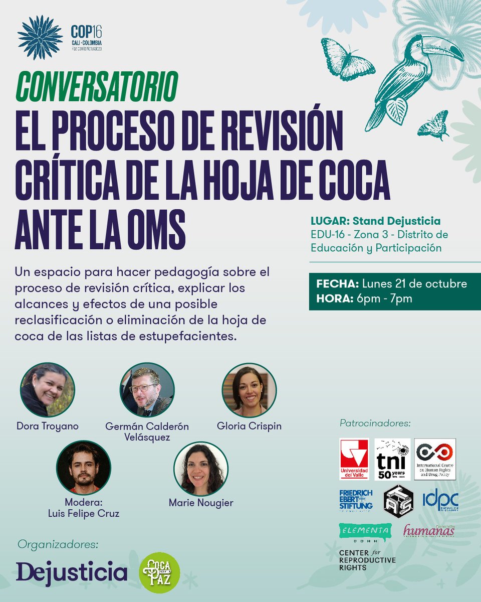 Más tarde, súmate a este espacio para hacer pedagogía sobre el proceso de revisión crítica, explicar los alcances y efectos de una posible reclasificación o eliminación de la hoja de coca de las listas de estupefacientes.