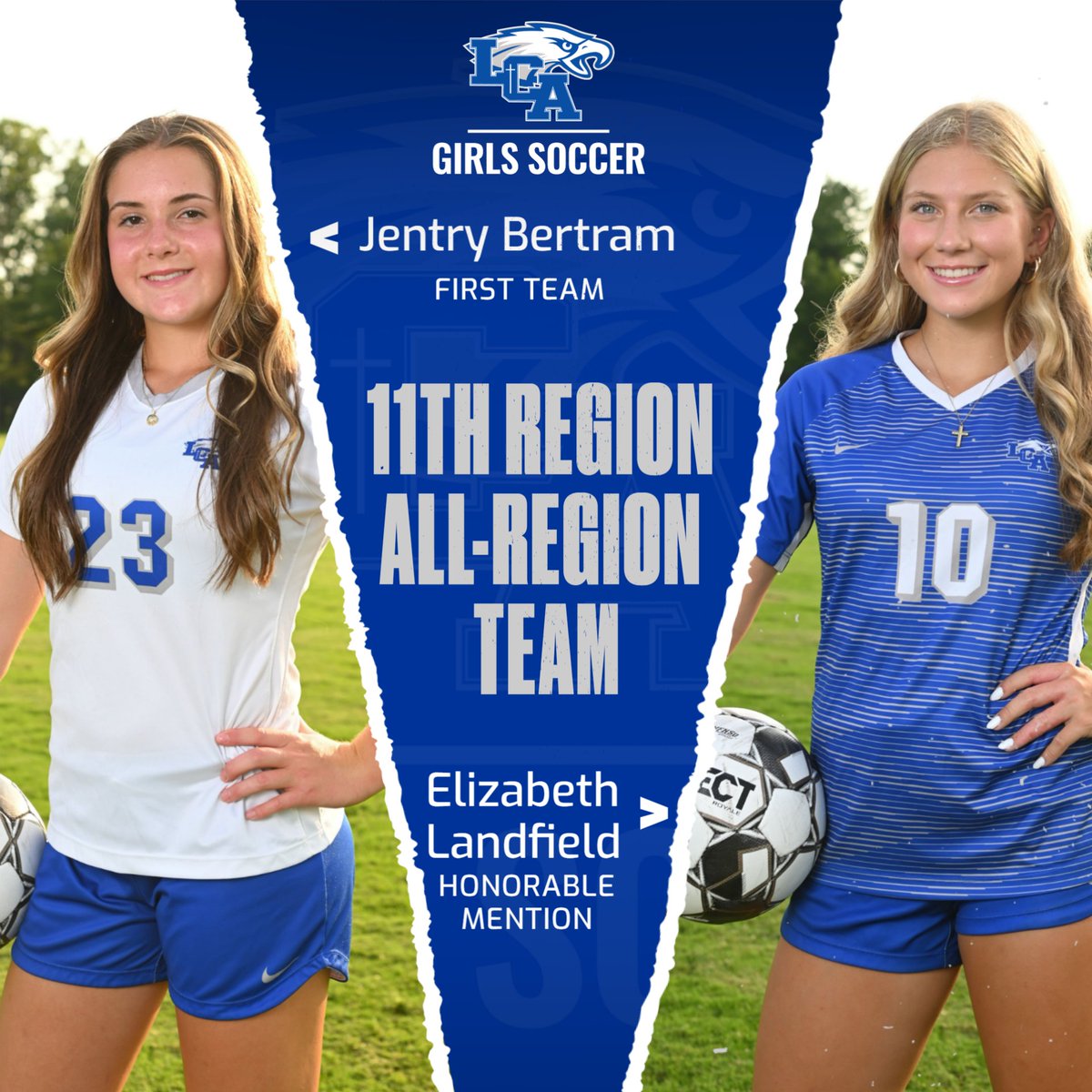 LCAathletics's tweet photo. Congratulations to these @LCAWomensSoccer  players on being named to the 11th Region All-Region Teams:
⚽️Jentry Bertram - First Team
⚽️Elizabeth Landfield - Honorable Mention
#WeAreLCA https://t.co/JzosUPHlEh