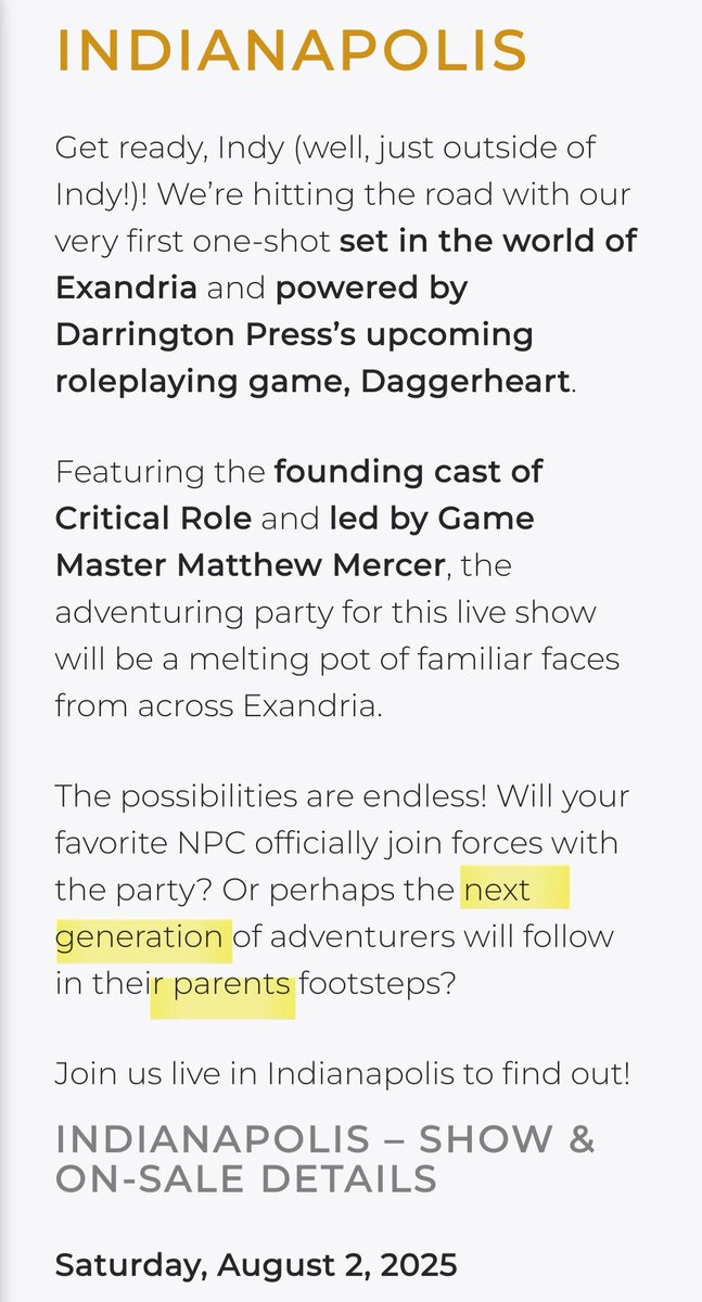 #CriticalRole
I'm super interested in this new live show announcement. I'm both curious about the wording specifically "next generation" and "parents" but also wondering if this is CRs first steps to going fully daggerheart, or testing those waters and how people will respond 🤔