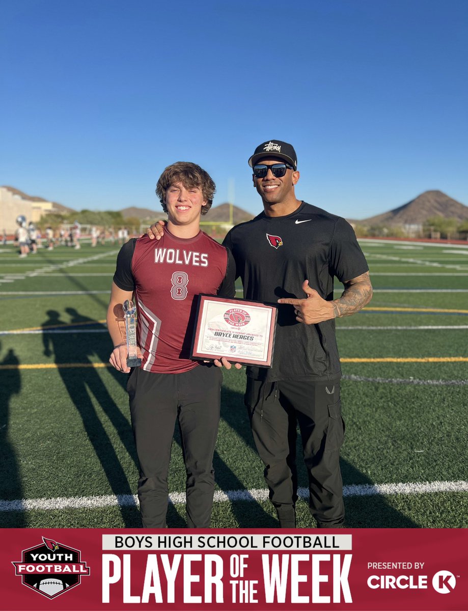 Arizona Cardinals Youth Football (@azcardsyouthfb) on Twitter photo .<a href="/AZCardinals/">Arizona Cardinals</a> Boys High School Player of the Week 🏆
Week 7: QB Bryce Herges, @dmhswolvesfootball
Herges had five touchdowns (three rushing and two passing), including the game winning score in the second overtime.
Who should bring it home in Week 8? .<a href="/AZCardinals/">Arizona Cardinals</a> Boys High School Player of the Week 🏆
Week 7: QB Bryce Herges, @dmhswolvesfootball
Herges had five touchdowns (three rushing and two passing), including the game winning score in the second overtime.
Who should bring it home in Week 8?
