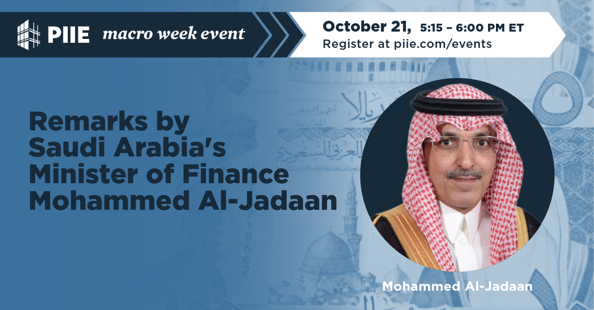 PIIE's tweet image. We kick off #MacroWeek2024 today with remarks from @MAAljadaan, Saudi Arabia&apos;s Minister of Finance. 
Tune in at 5:15 PM ET to watch live &amp;amp; find the entire Macro Week lineup here: piie.com/events/2024/ma…
